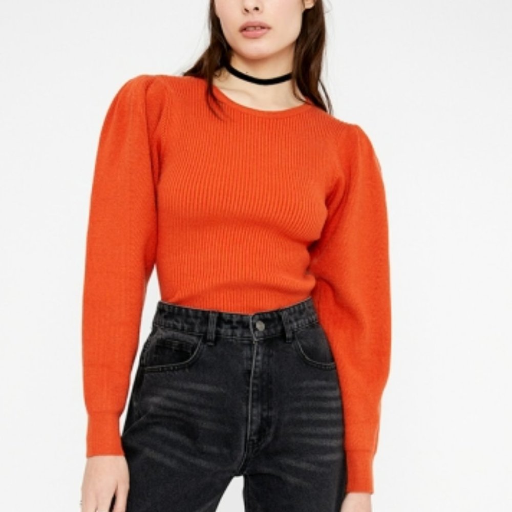 NWT Wild Pony Orange Round Neck Ribbed Sweater With Puff Sleeve